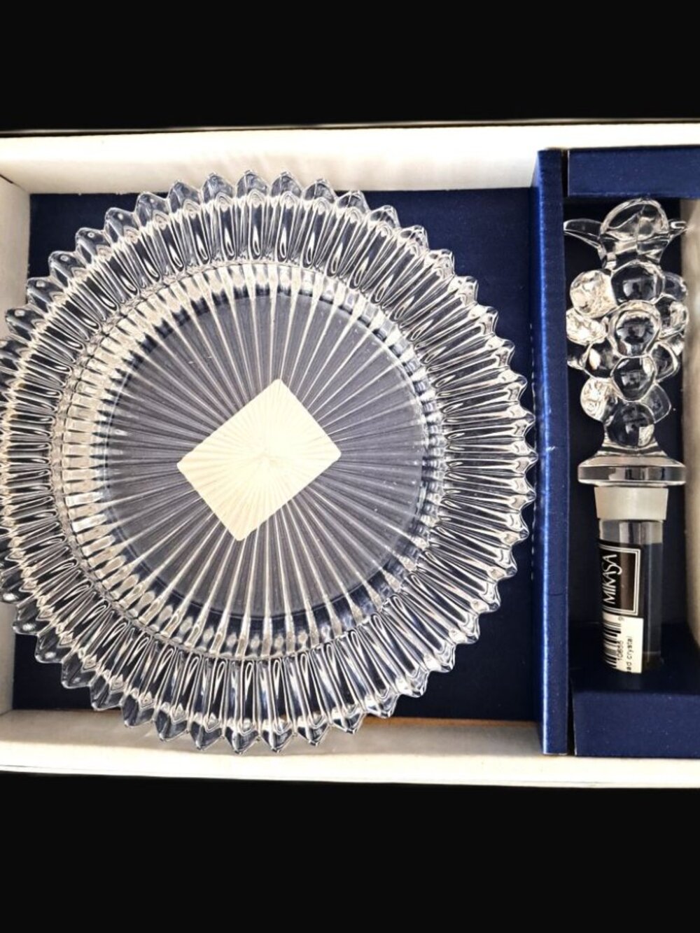 MIKASA Diamond Fire Wine Set Crystal Coaster & Wine Bottle Stopper Vintage NIB